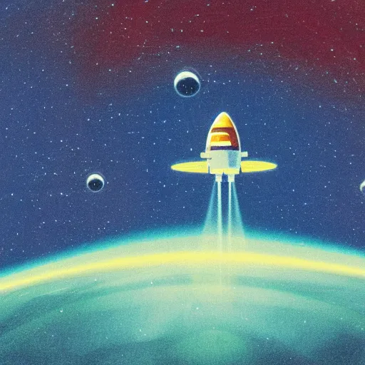 Image similar to a nasa spaceship entering the atmosphere of a planet, 1 9 7 0 s illustration, saturated colors