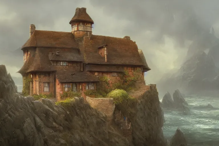 Prompt: a typical european house with a slate roof, under the sea, scenic view, matte painting by christophe vacher and hubert robert, trending on artstation