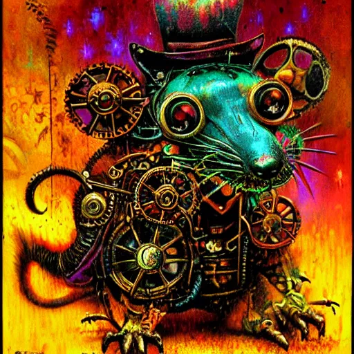 Image similar to steampunk rat, acid, 303, psychedelic, by paul lehr