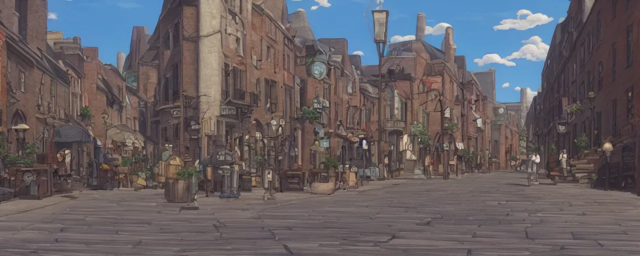 Image similar to A screenshot of the old port in old montreal city street in the scene in the Ghibli anime film, pretty rim highlights and specular