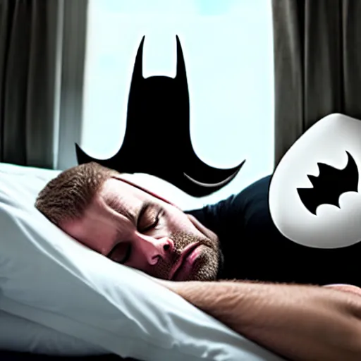 Image similar to man sleeping in bed with white tentacle mask with batman lurking menacingly in the window