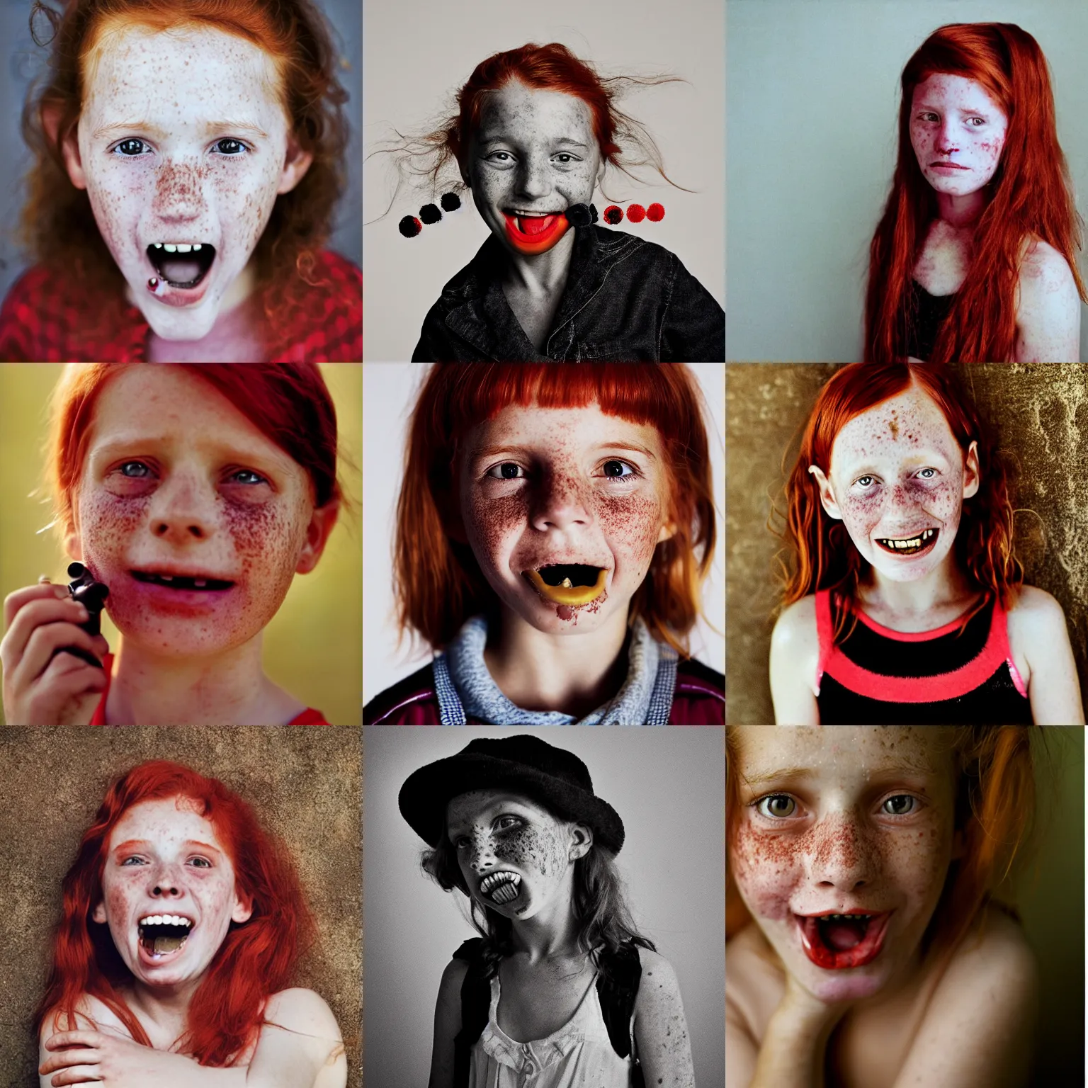 Prompt: photograph of a ten year old girl by annie leibovitz, red hair, freckles, black teeth
