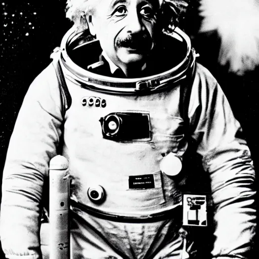 Prompt: albert einstein in space wearing a spacesuit shocked seeing earth is flat