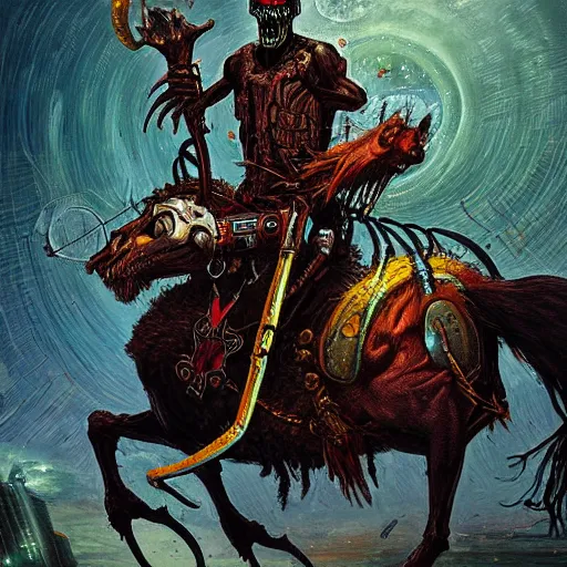 Prompt: a death tarot featuring an african shaman riding a robot zombie horse in a cyberpunk voodoo style by anton semenov and android jones and Alfred Munnings, oil on canvas