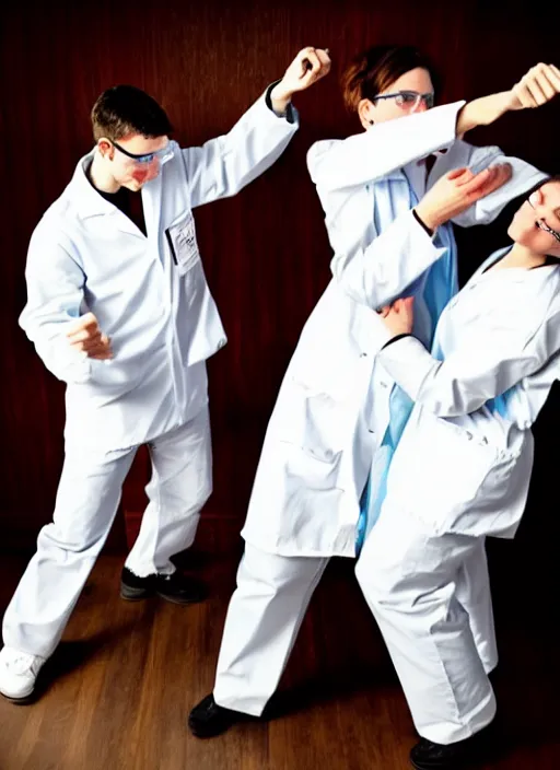 Prompt: chemists in white coats are fighting with knives