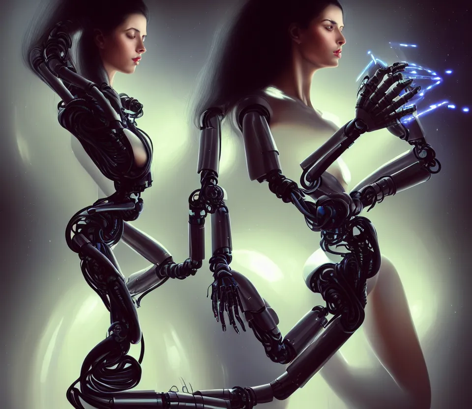 Image similar to beauty young spanish woman with long black hair with futuristic robotic arms, interacting withholograms of alien artifacts, electrical case display, Total Recall tech, ultrarealistic, dramatic lighting, electrical details, high details, 4k, 8k, best, accurate, trending on artstation, artstation, photorealism, ultrarealistic, digital painting, style of Peter Mohrbacher, Caravaggio, Hajime Sorayama and Boris Vallejo