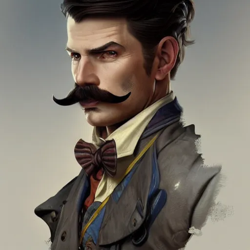 Image similar to Three quarters portrait of a gentleman gunslinger with a moustache, highly detailed, digital painting, art by Stanley Lau and Artgerm and magali villeneuve and Alphonse Mucha, artstation, octane render, cgsociety