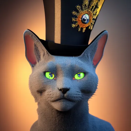 Prompt: a Russian Blue cat with amber eyes wearing a top hat, intricate detail, 3d render, octane render, god rays, depth of field, trending on artstation, 4k, hd