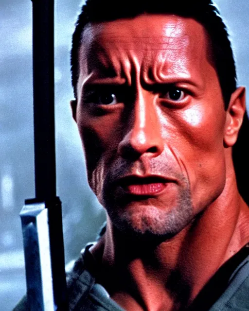 Image similar to Film still close-up shot of Dwayne Johnson as the Terminator from the movie Terminator 2. Photographic, photography