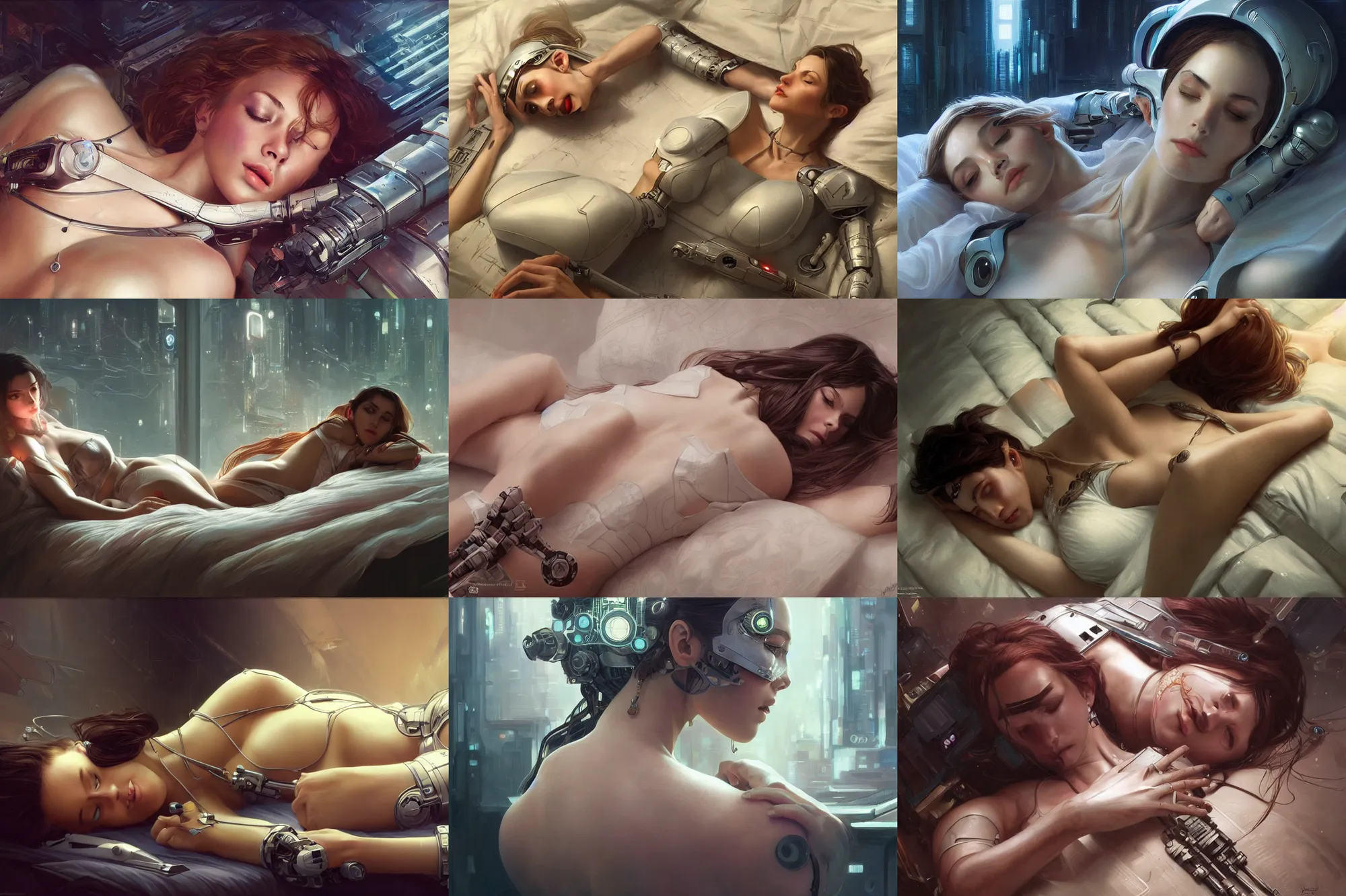 Prompt: Ultra realistic illustration, woman and robot lying on a bed + face + body, cyberpunk,sci-fi, fantasy, intricate, elegant, highly detailed, digital painting, artstation, concept art, smooth, sharp focus, illustration, art by artgerm and greg rutkowski and alphonse mucha