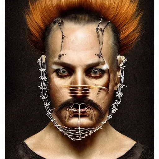 Image similar to portrait of a Shibari razor wire wrapped face and neck, headshot, insanely nice professional hair style, dramatic hair color, digital painting, of a old 17th century, old cyborg merchant, amber jewels, baroque, ornate clothing, scifi, realistic, hyperdetailed, chiaroscuro, concept art, art by Franz Hals and Jon Foster and Ayami Kojima and Amano and Karol Bak,