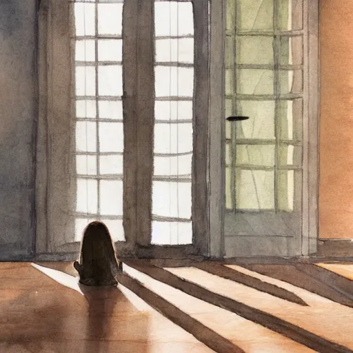 Image similar to person in pyjamas standing near window, sun rays, daylight, big french door window, big spatious room, 2 4 mm, wooden floor, modern, pastel palette, winter sun, photorealistic, high ceiling, watercolor painting