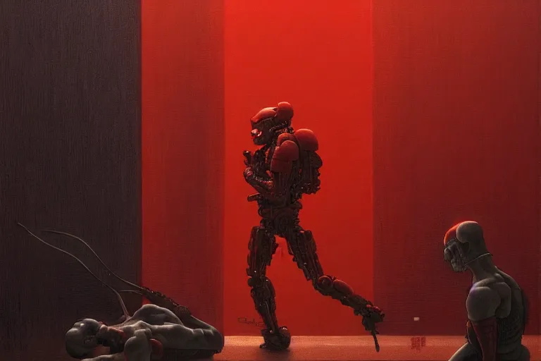 Image similar to only with red, a red cyborg samurai, tokio futuristic in background, some evil yokai, in the style of beksinski, parts by edward hopper, parts by rodcenko, parts by yue minjun, intricate and epic composition, red by caravaggio, insanely quality, highly detailed, masterpiece, red light, artstation, 4 k