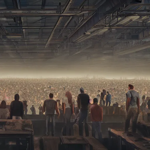 Image similar to large group people in a huge warehouse, looking at a tabletop skyline hologram | cinematic concept art | godrays | 4 k | clear details | tabletop | tabletop | hologram foreground