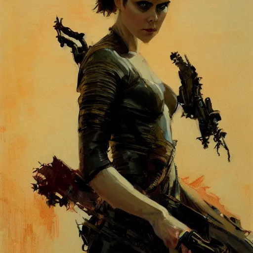 Image similar to alison brie as furiosa, intricate, elegant, highly detailed, greg manchess, mucha, liepke, ruan jia, jeffrey catherine jones, ridley scott