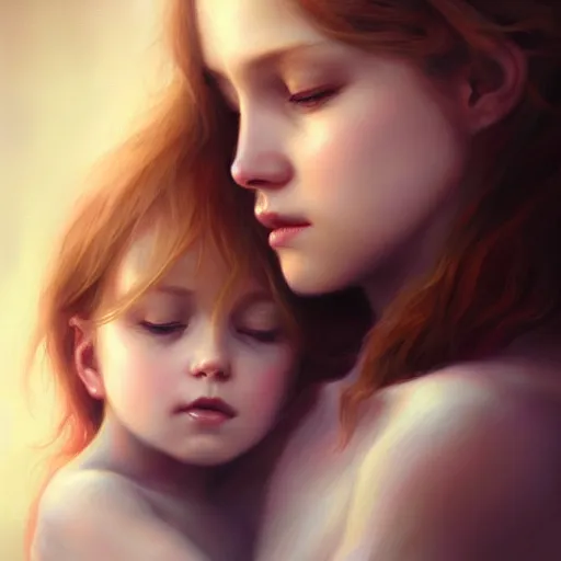 Image similar to love is patient love is kind, mother and child ; photorealistic oil painting by charlie bowater and mark blooms ; highly detailed cute faces by wlop ; trending on artstation