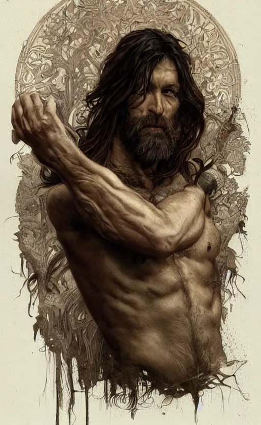 Image similar to portrait of the god of the forest, 40 years old, long hair, rugged, male, gorgeous, detailed face, amazing, exposed thighs!!!!!!, muscular, intricate, highly detailed, digital painting, artstation, concept art, sharp focus, illustration, art by greg rutkowski and alphonse mucha