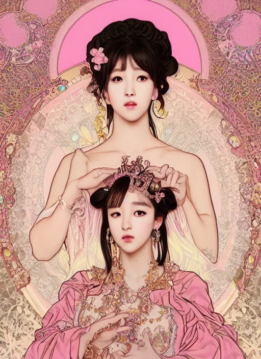 Image similar to Lisa from Black Pink Kpop as magical princess, dreamy and ethereal, big pink eyes, pink blushes, peaceful expression, fantasy, intricate pink and gold ornate dress, modeling for Dulce and Gabanna, accurately portrayed, portrait art by James Jean and Alphonse mucha, highly detailed, digital painting, concept art, illustration, multiversal paradise shining rgb luxurious lights, trending on artstation, very detailed, smooth, sharp focus, octane render, close up