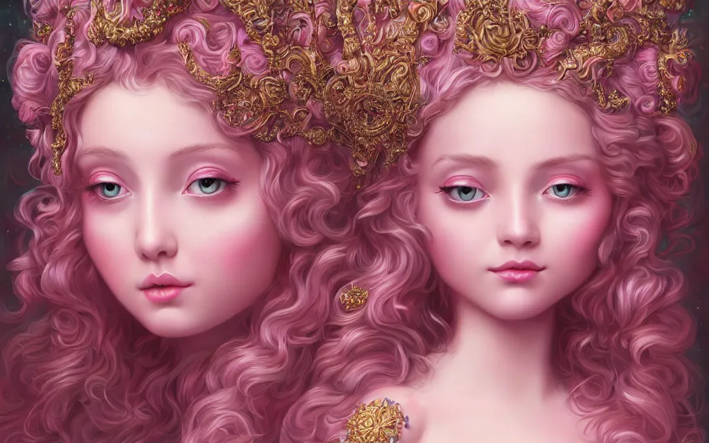 Image similar to a portrait a divine feminine goddess, rosey cheeks, sparkles on eyelids, long pink hair highly detailed, ultra realistic digital painting, rococo, artstation, concept art, pop, smooth, sharp focus, illustration, art by mark ryden and lisa frank 3 d 8 k ultra detailed