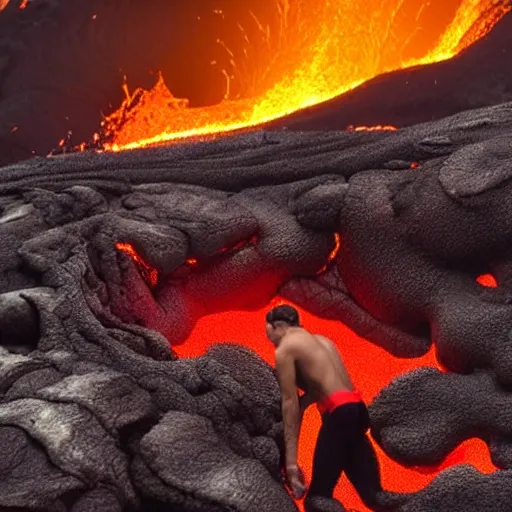 Prompt: man in a swimsuit getting swallowed by flowing lava on a volcano with magma eruptions