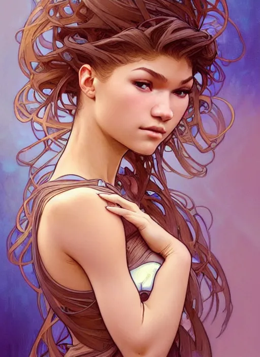 Prompt: digital character concept art by artgerm and greg rutkowski and alphonse mucha. clear portrait of zendaya as a modern young wife blessed by god to uncontrollably grow overwhelmingly perfect!! blonde, worksafe! feminine well - formed holy body!! light effect. hyper detailed, glowing lights!! intricate, elegant, digital painting, artstation, smooth, sharp focus