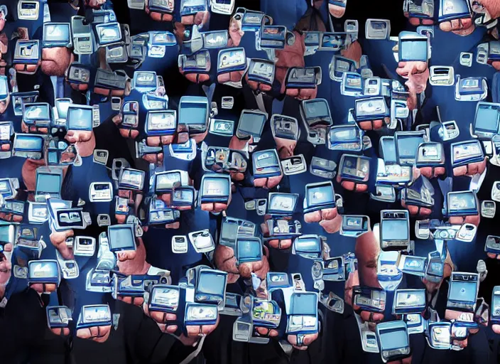 Image similar to dslr photo still of infowars host alex jones in a blue suit fat beard and mustache sitting depressed in a room filled to the ceiling with cell phones stacks of cell phones cell phones everywhere cell phones filling the entire room, 5 2 mm f 5. 6
