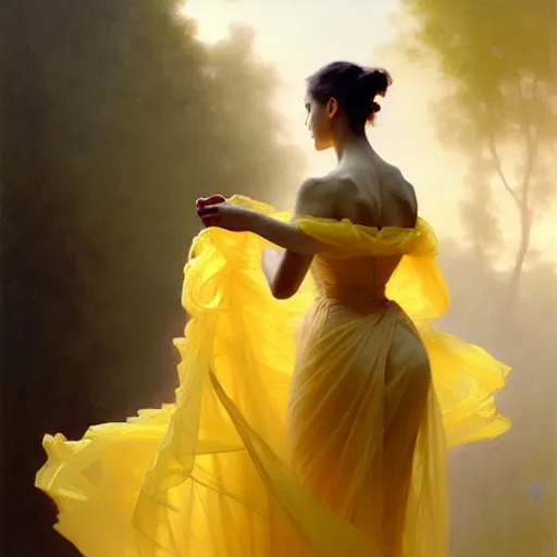 Image similar to a woman in a yellow organza dress dancing, intricate, elegant, digital painting, realistic, concept art, smooth, sharp focus, illustration, by ruan jia and mandy jurgens and william - adolphe bouguereau, artgerm