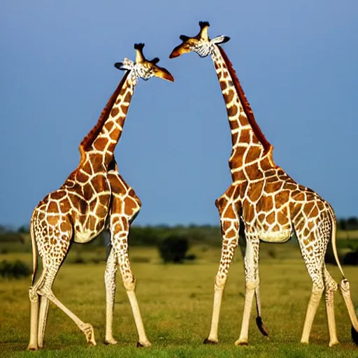 Image similar to two giraffes fighting with swords