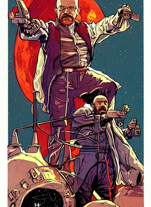 Prompt: Walter White as badass space wizard in retro science fiction cover by Moebius, western comic art, inked, detailed, trending on artstation
