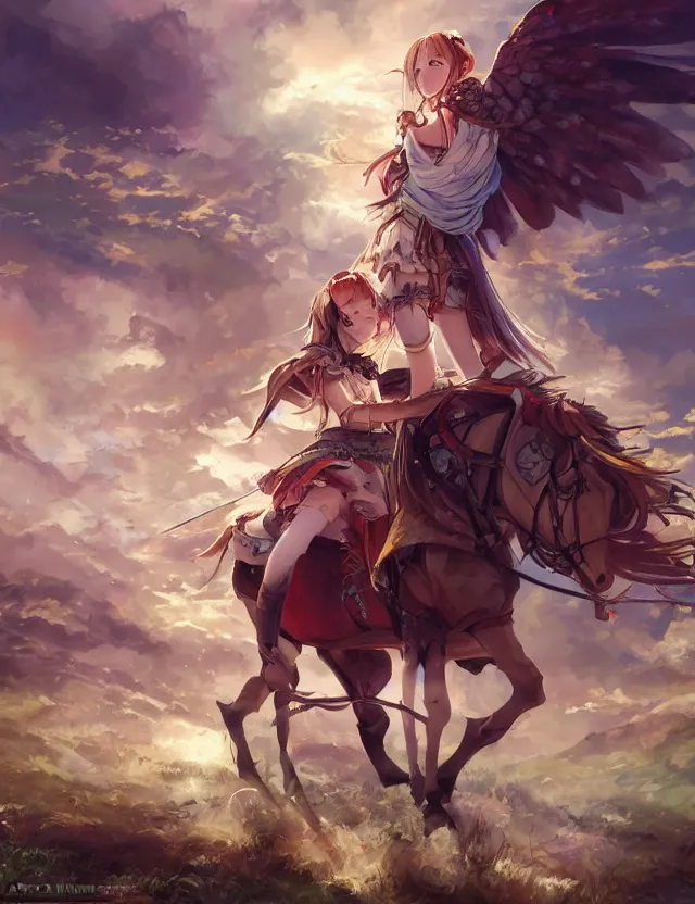 Image similar to scenic wide angle portrait of a teenage girl, bard outfit, riding a horse, anime in fantasy style, trending artwork, painted in anime painter studio, by anato finstark, tony sart, marc simonetti and an anime artist, collaboration