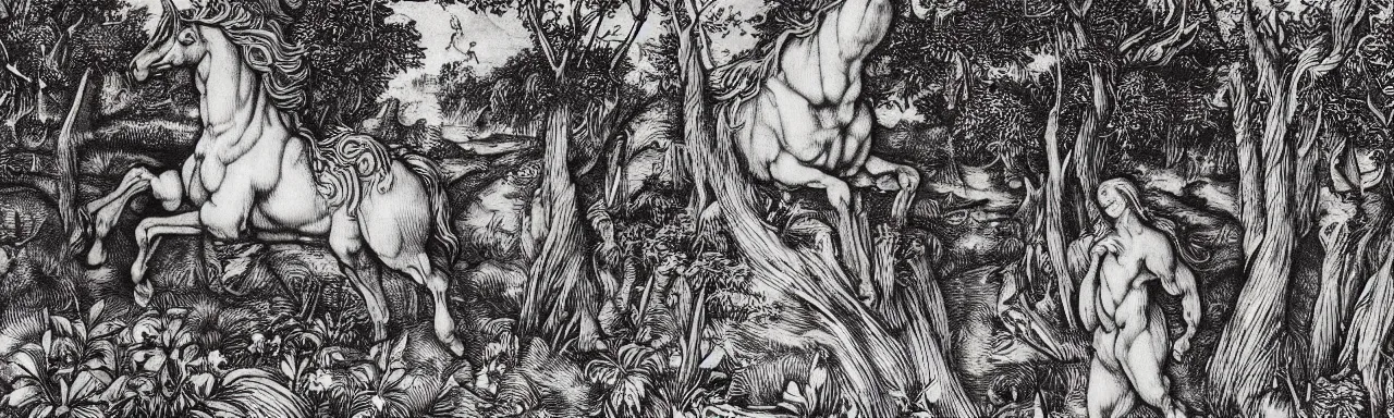 Prompt: Elaborate wallpaper print of A Beautiful Unicorn in the clearing of a sacred grove in the style of Albrecht Durer and Martin Schongauer, high contrast finely carved woodcut black and white crisp edges