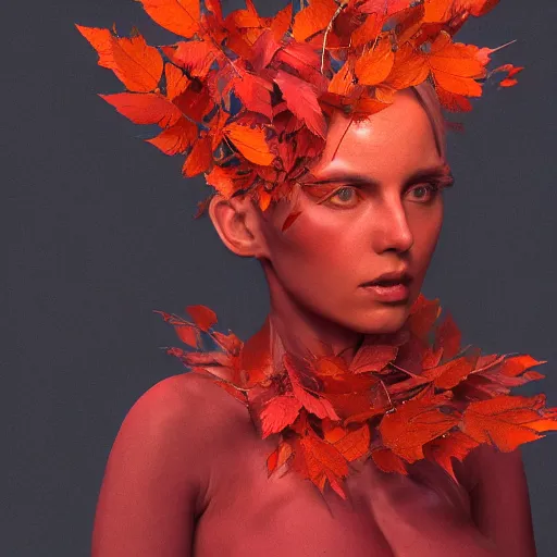 Image similar to a highly detailed digital image of a futuristic woman elegantly wrapped with fiery red leaves, by Andrea Chiampo, artstation and Frederik Heyman, extremely detailed woman, stunning volumetric lighting, hyper realism, fantasy 4k