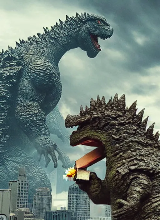 Image similar to godzilla eating a sandwich made of buildings, realistic, still shot from the new godzilla movie