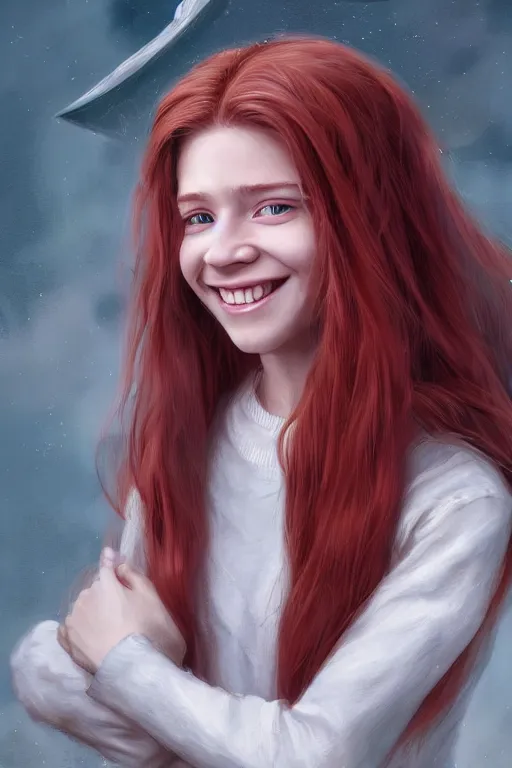 Prompt: ultra realistic style illustration of a cute red haired old teen smiling, long hair, 1 9 year old, portrait, sci - fi, fantasy, intricate, elegant, digital painting, artstation, concept art, smooth, sharp focus, illustration, 8 k frostbite 3 engine, ultra detailed, art by artgerm and greg rutkowski and magali villeneuve