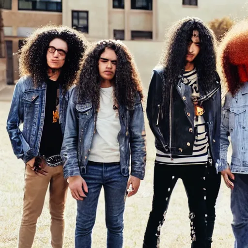 Image similar to Group of ethnically diverse 19-year-old boys and girls with long permed wavy brown hair and afros leather jacket and denim jeans, holding electric guitars, 2022, stoner rock, heavy rock, HD photography