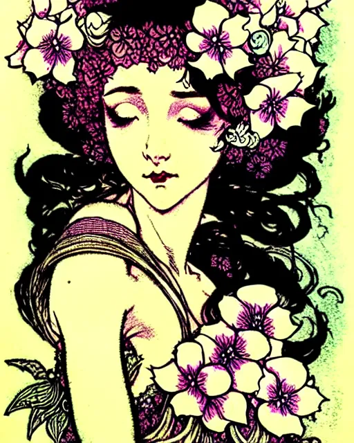 Image similar to burlesque elf, flowers in hair, fantasy character portrait, soft clouds, floral sunset, ultra realistic, concept art, intricate details, art nouveau, japanese woodblock, cinematic, highly detailed by arthur rackham