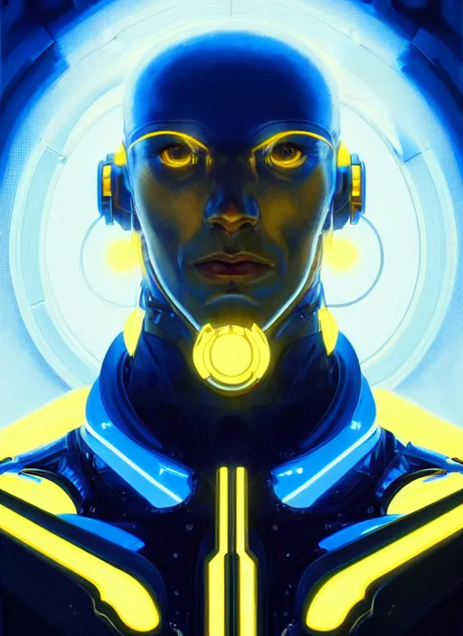 Prompt: symmetry!! portrait of a cyborg man, sci - fi, tech wear, blue and yellow glowing lights!! intricate, elegant, highly detailed, digital painting, artstation, concept art, smooth, sharp focus, illustration, art by artgerm and greg rutkowski and alphonse mucha