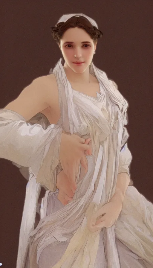 Prompt: elegant, cute girl portrait with open chest white ancient clothes by Alphonse Mucha, and Octane Render