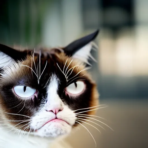 Image similar to a grumpy cat, professional photography, anamorphic lens, bokeh, close up