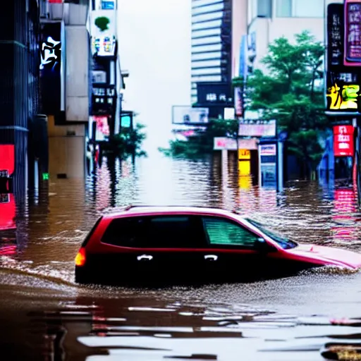 Image similar to seoul city is flooded by heavy rain. A guy with suit is sitting on the top of the A car is middle of the street flooded.