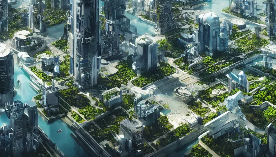 Image similar to Futuristic Miami with some big buildings scattered everywhere with a lot of water and greenery during a nice day, hyperdetailed, artstation, cgsociety, 8k