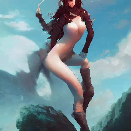 Image similar to woman perched on a rock fantasy digital art by guweiz trending on artstation