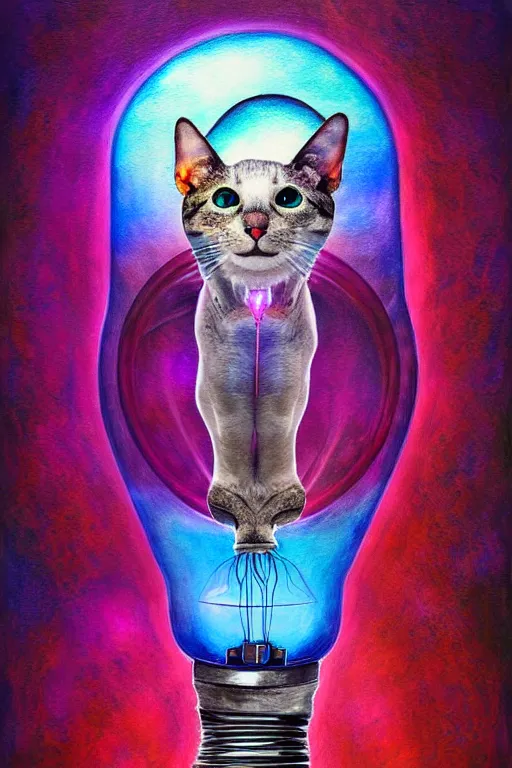 Image similar to portrait of an ethereal cat inside a light bulb, modern fine art, lithe, dreamscape, intricate, elegant, subsurface scattering, highly detailed, pop art painting, organic acrylic flow art, psychedelic surreal art, acrylic art, watercolor, featured on deviantart, cgsociety