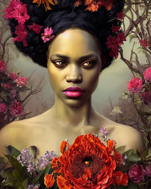 Image similar to portrait of the african queen of the underworld, surrounded by flowers by karol bak, james jean, tom bagshaw, rococo, sharp focus, trending on artstation, cinematic lighting, hyper realism, octane render, 8 k, hyper detailed.