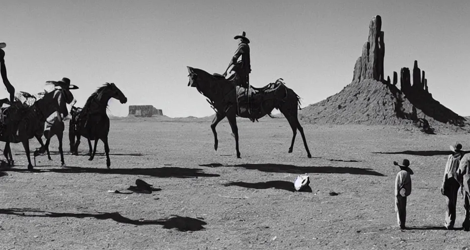 Image similar to film still showing cowboys looking at a gigantic abstract sculpture in the desert directed by Sergio Leone, western, monument valley, cinemascope, technicolor