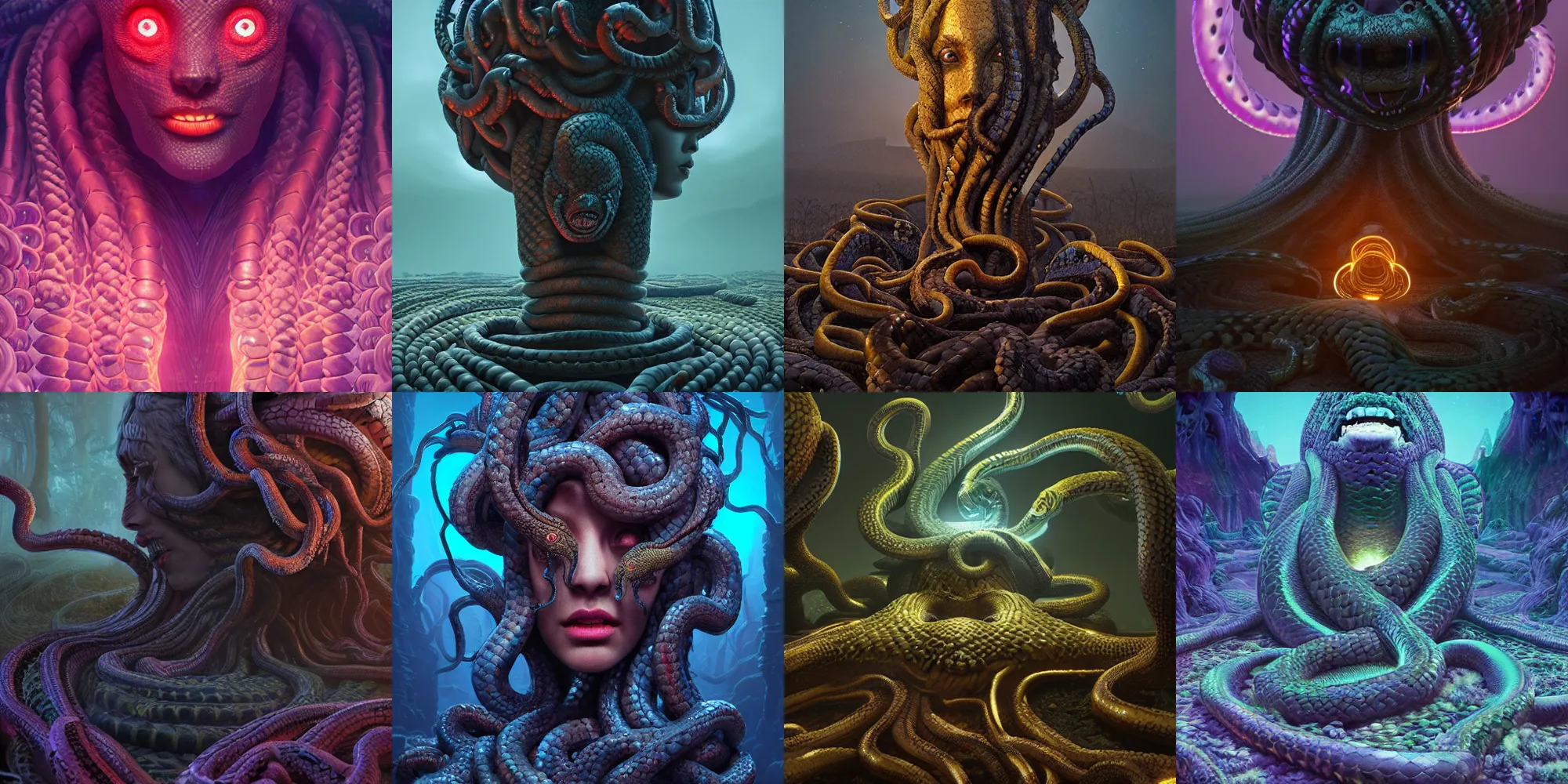 Prompt: beautiful dark medusa gorgon gaze head, highly detailed snakes, beautiful dark creepy landscape, in the style of beeple and mike winkelmann, intricate, epic lighting, cinematic composition, hyper realistic, 8 k resolution, unreal engine 5, raytracing, ultraviolet colors,