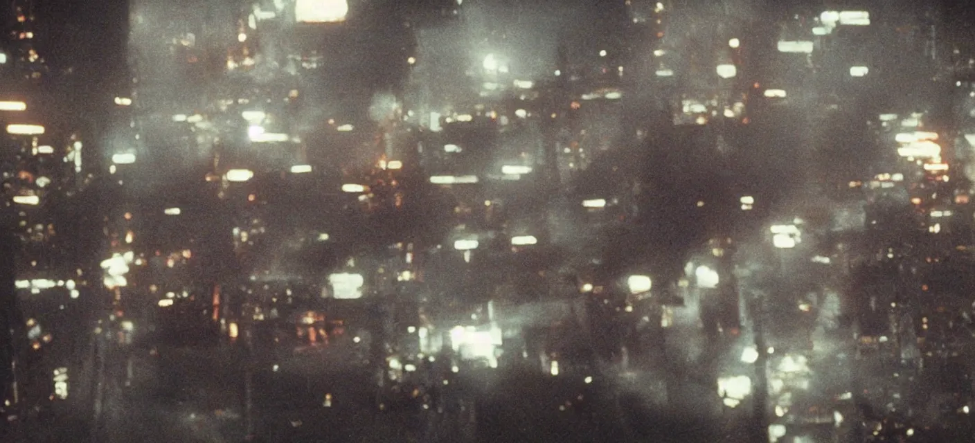 Prompt: C-beams glittering in the dark near the Tannhäuser Gate, still from Blade Runner (1982), Super Panavision 70