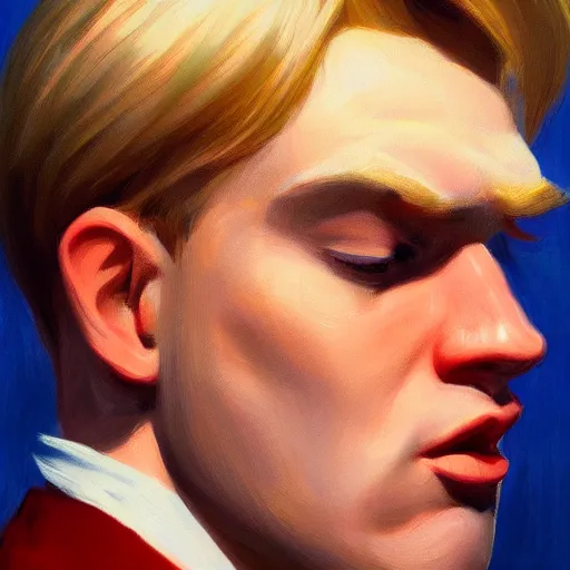 Image similar to a close up realistic portrait of a blonde man, edward hopper, trending on artstation