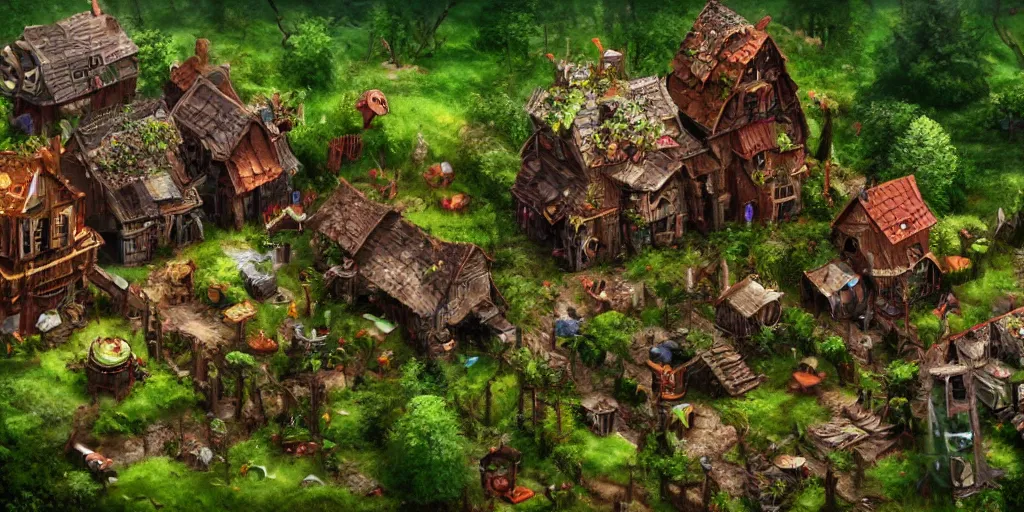 Image similar to Fantasy village built on PC motherboard, trees, green plants, broken parts, wooden houses, mold, tiny villagers, PC hardware, high quality, trending on artstation, highly detailed