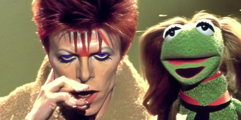 Image similar to Cinematography of Heroes era David Bowie in 1981 shot on a 9.8mm wide angle lens on the set of The Muppet Movie